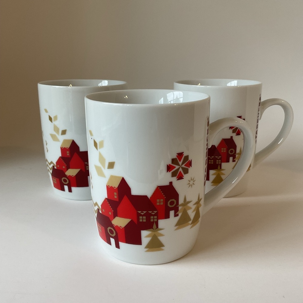 3 Starbucks 2013 Holiday Mugs Village Chevron Red Houses Hearts Christmas